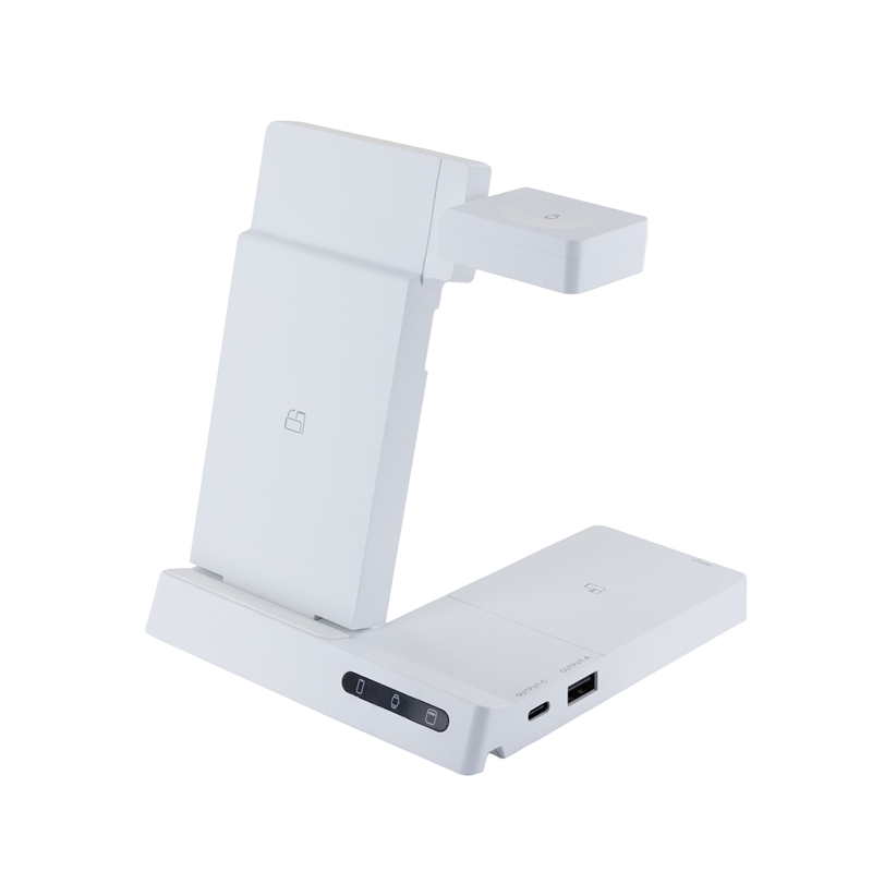 muvit for change 6-in-1 wireless charging dock foldable smartwatch + iWatch + Airpods + two USB A + C ports white