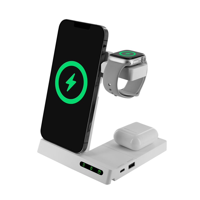 muvit for change 6-in-1 wireless charging dock foldable smartwatch + iWatch + Airpods + two USB A + C ports white