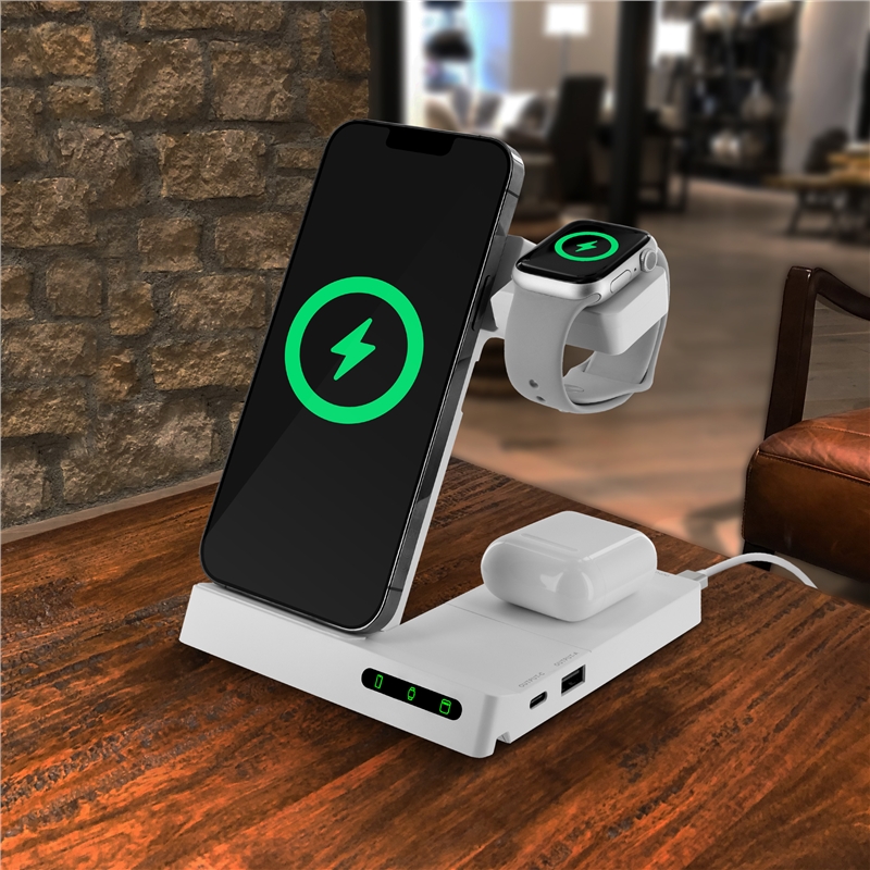 muvit for change 6-in-1 wireless charging dock foldable smartwatch + iWatch + Airpods + two USB A + C ports white