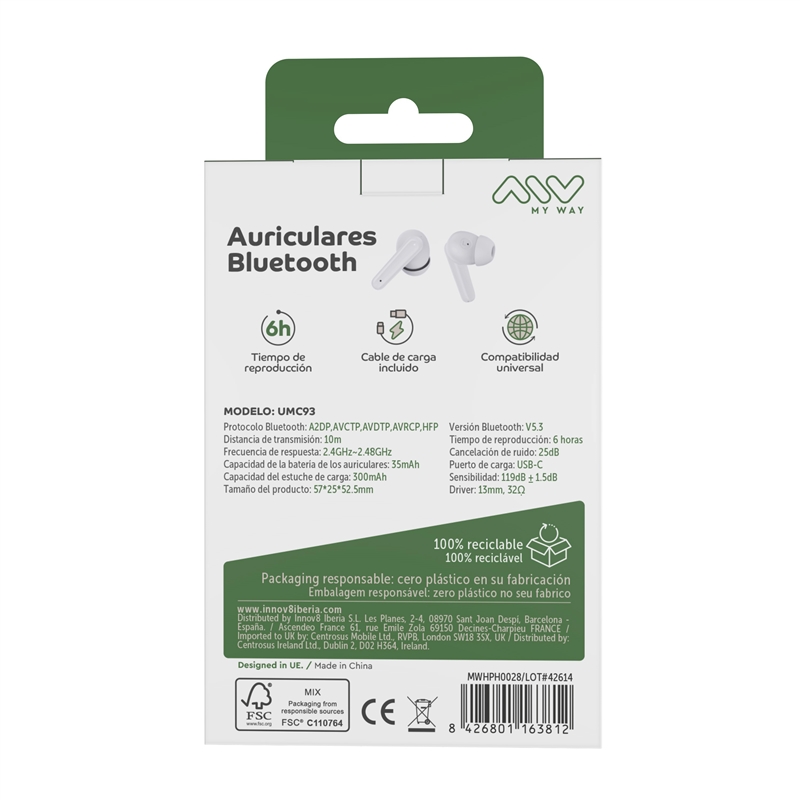 muvit for change myway Bluetooth stereo headphones ANC+ENC  white