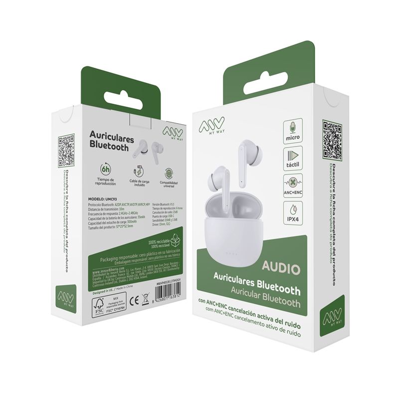 muvit for change myway Bluetooth stereo headphones ANC+ENC  white