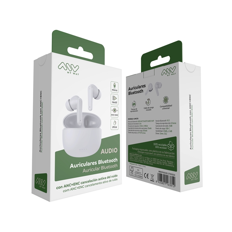 muvit for change myway Bluetooth stereo headphones ANC+ENC  white