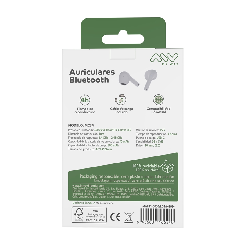 muvit for change myway Bluetooth stereo headset Pro touch control white